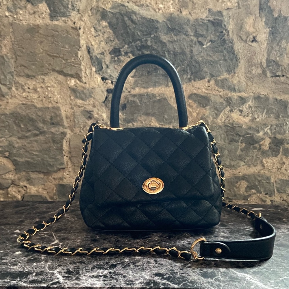 Mini black quilted crossbody gold chain vegan
